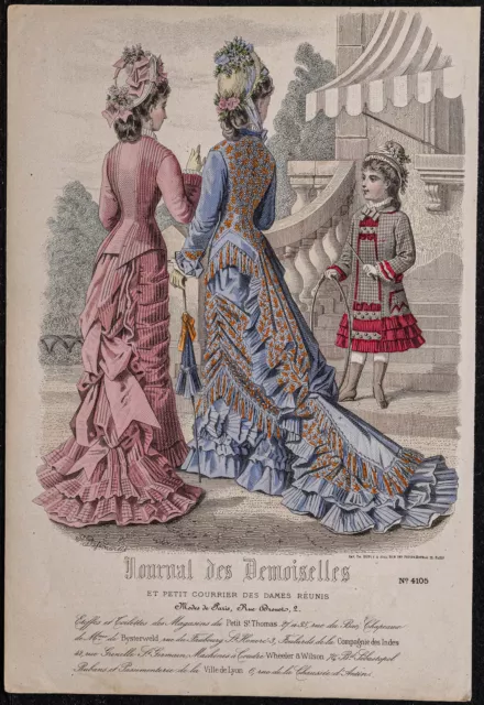1877 - Gravure de mode - Journal des demoiselles - Femme et enfant - Costumes