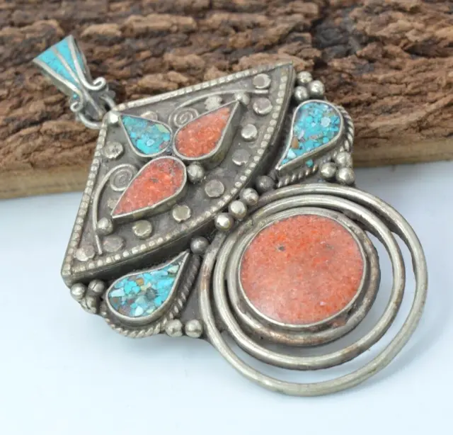 Very Rare Ancient Victorian Pendant Amazing Necklace Amulet Red Turquoise Stone