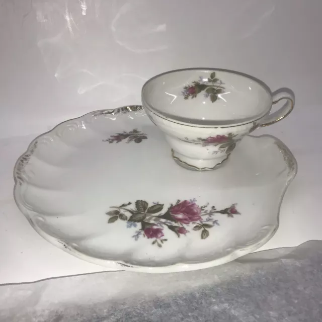 Moss Rose Snack Plate With Cup White with Pink Roses and Gold Trim Vintage  EUC