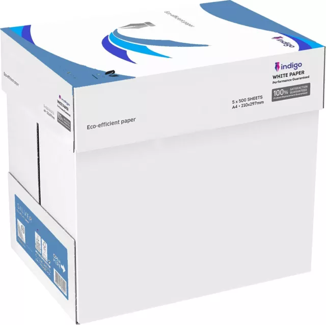 indigo Box of A4 Paper Office White Printer Copier Paper 5 Reams of 500 70-75g
