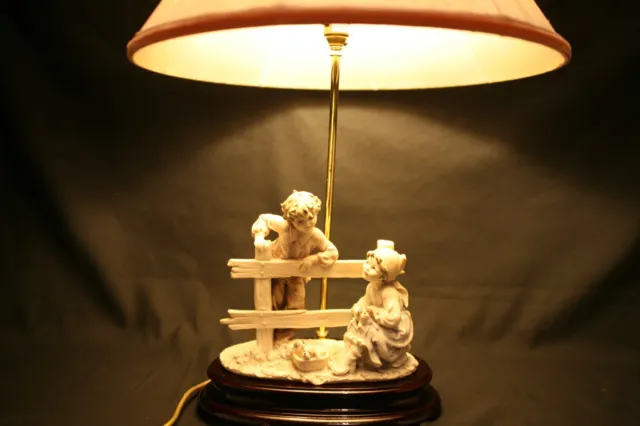 Vintage(1983) Capo Di Monte Table Lamp with Bruno Merli Figurine, Boy,Girl,Dogs