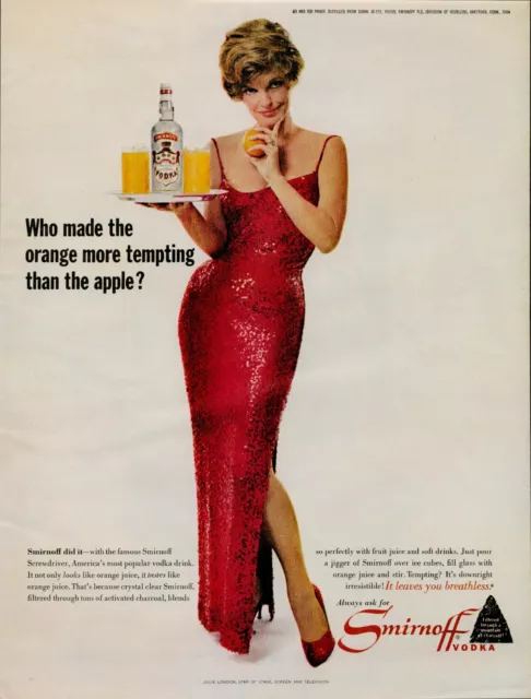 1964 Vodka Smirnoff Screwdriver Vintage Print Ad Julie London Star TV Stage