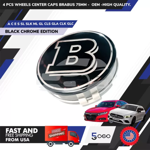 For 4PCS Mercedes Benz Wheel Center Caps Emblem BLACK BRABUS Logo 75MM Hubcaps