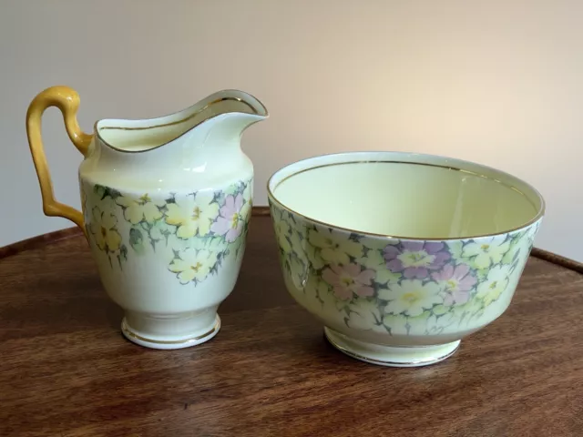 Crown Staffordshire Yellow & Pink Purple Flowers Gold Trim Sugar Bowl & Creamer