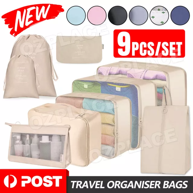 9PCS Storage Bag Travel Packing Cubes Pouches Luggage Organiser Clothes Suitcase