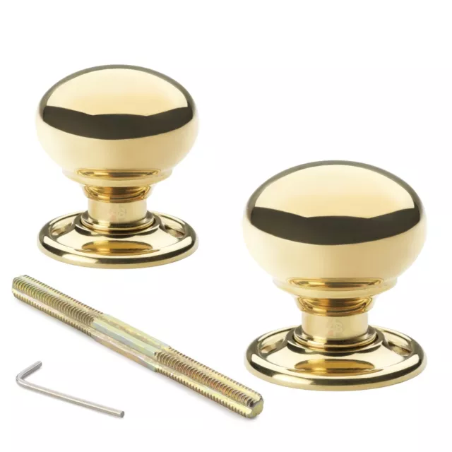 Polished Brass 40mm Cottage Mushroom Rim Door Knobs Knob Pair Set Solid Mortice