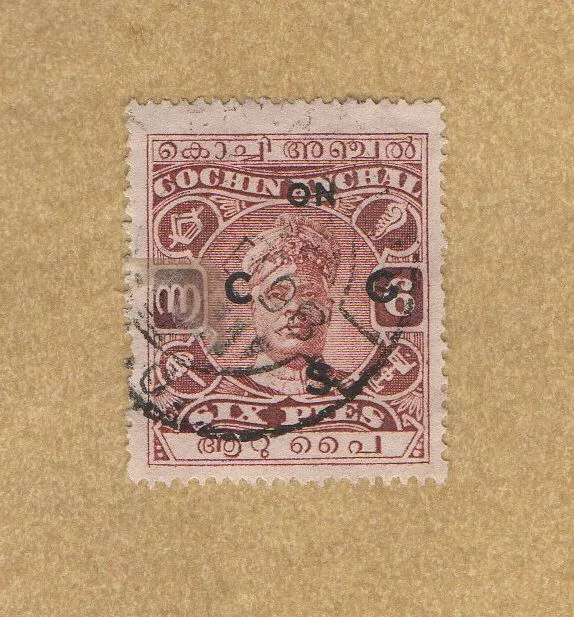 Briefmarke:Indien Staaten Cochin,1919 6Pies Raja Rama Varma II. gest.Zust.s.Scan