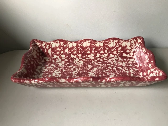 Henn Pottery Red Cranberry Spongeware Wavy Edge Rectangular Tray Dish