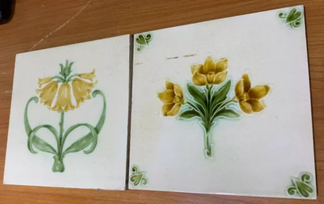 England 2 Pcs Majolica Rare Tiles Vintage Antique 6X6 Inch 1920S Collectible