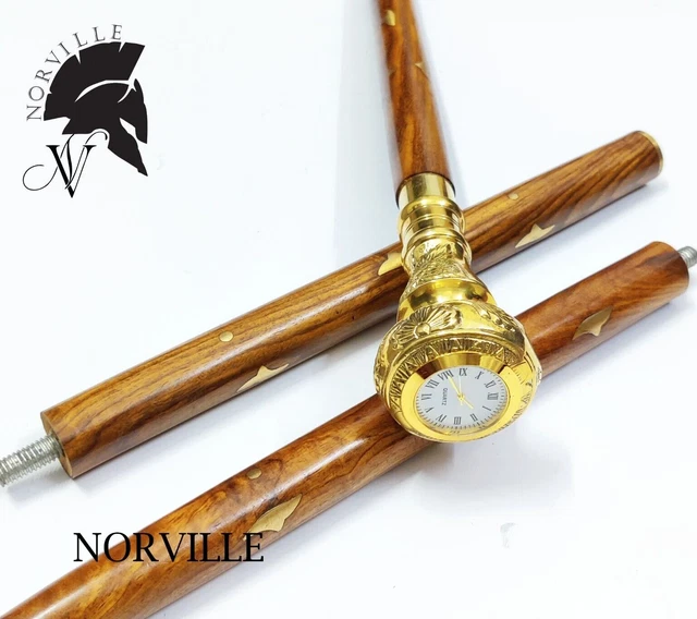 Vintage Victorian Walking Stick Brass Clock Handle Wooden Cane Antique Gift