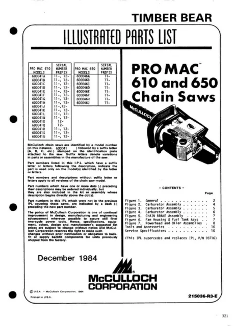 McCulloch Pro Mac 610 650 Timberbear Chainsaw Illustrated Parts List Dec 1984