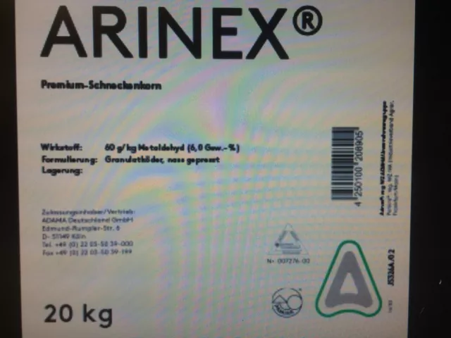 § 20 kg Arinex Profi Schneckenkorn geg. Schnecken Nacktschnecken Metaldehyd 6 %!