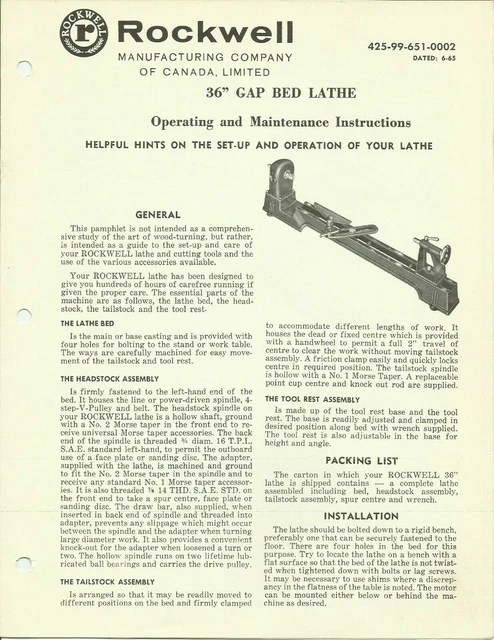 Lathe Operator Instruction Maintenance M Beaver Power Tools 3400 36 inch Gap Bed