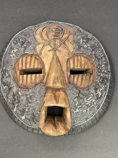 Ghana African Wooden Tribal Round Wall Art Mask Handcrafted Wood Metal 11”
