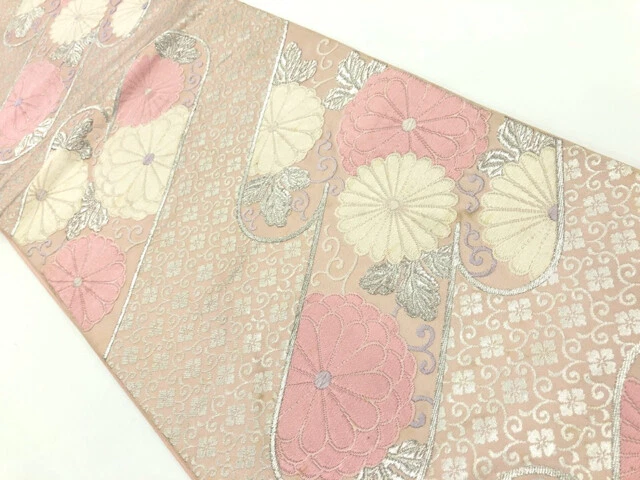 10768# Japanese Kimono / Antique Fukuro Obi / Woven Kiku Arabesque