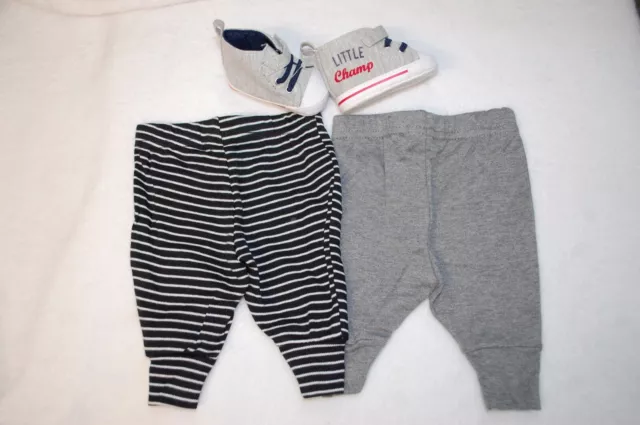 Baby Boys Lot 2 PAIR KNIT PANTS Gray, Black White Stripe SHOES Champ NEWBORN NB