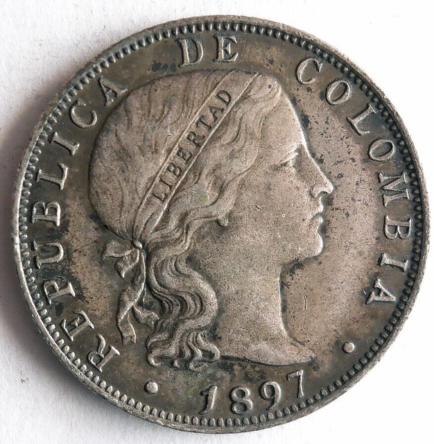 1897 COLOMBIA 20 CENTAVOS - AU - RARE HIGH VALUE Silver Coin - Lot #D10