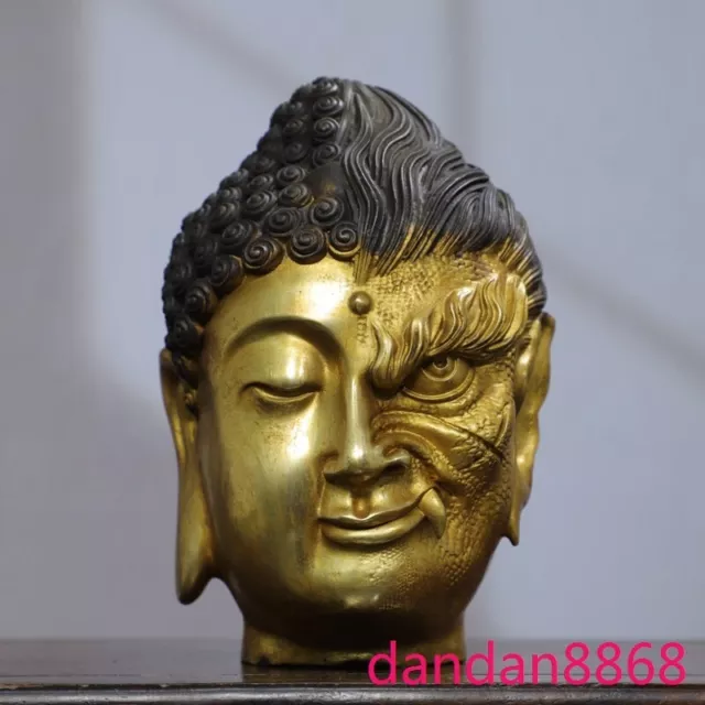 8" Tibet bronze gilt One becomes a Buddha one becomes a devil statue head statue