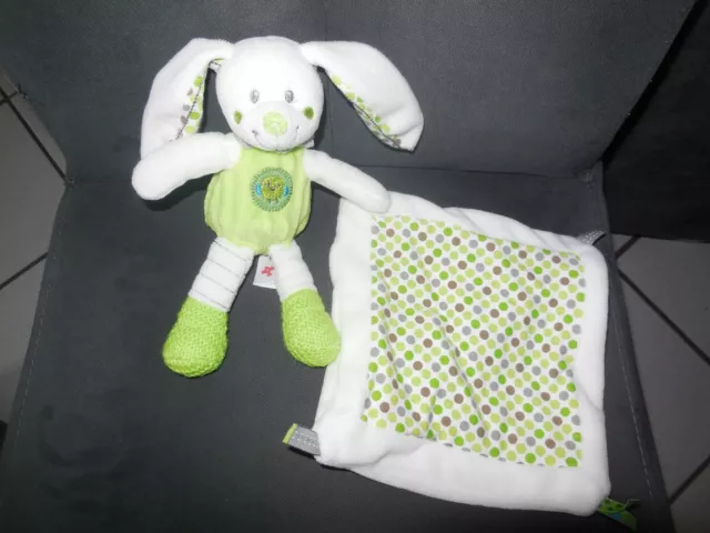 doudou peluche lapin blanc vert pois rond + mouchoir NICOTOY