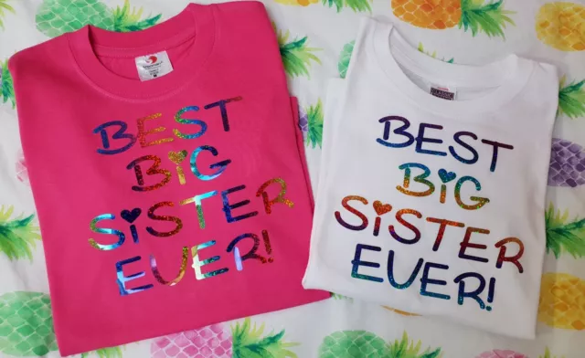 Best Big Sister Ever Girls Top T-shirt Outfit Gender Reveal party Rainbow UK