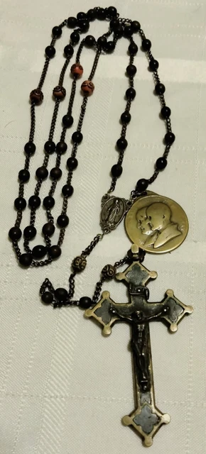 Antique Rosary 19th C Brass Crucifix Vatican Medal Priest Owned