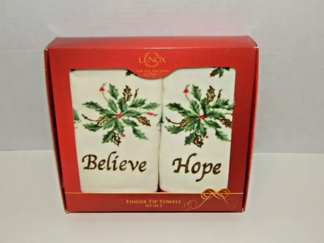 LENOX - Set of 2 Holiday Christmas Finger Tip Towels - BELIEVE & HOPE