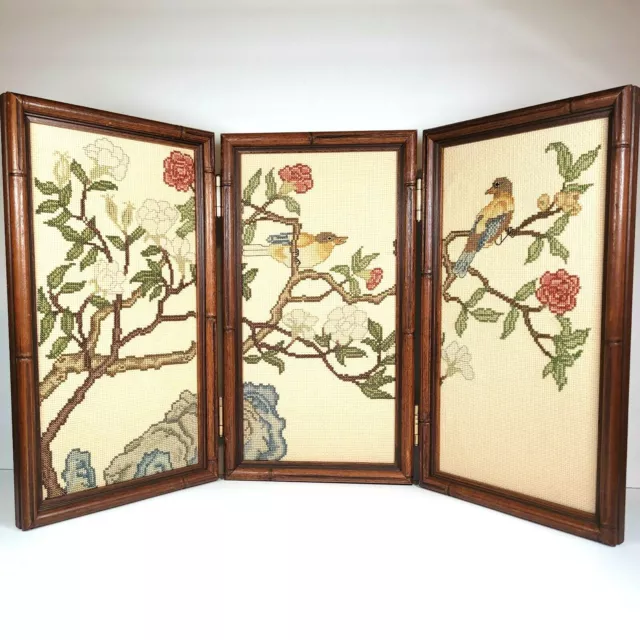 Vintage Birds Cross-Stitch Birds on Branch Framed Wall Art Triptych