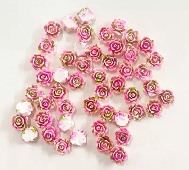 50pcs Kawaii Round Pink and Green Flat Back Rose Flower Resin Embellishments