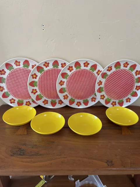 Vintage Strawberry/ Floral/ Melamine Lenox 4 plates/4 yellow berry bowls *CUTE*