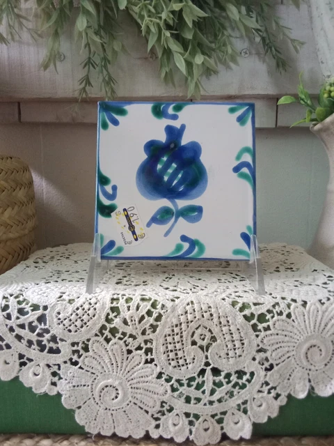 Vintage Spanish European Clay Hand Painted Blue & Green Floral Folk art Tile