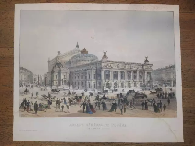 Aspect général de l'Opéra Garnier - FICHOT - Lithographie Lemercier couleurs