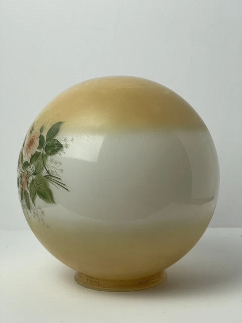 Vtg GWTW 8" Round Hurricane Oil Glass Lamp Shade Globe Amber Yellow Pink Roses 5