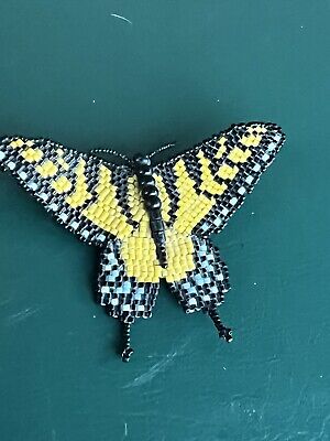 Vtg Handmade Seed Bead Monarch Butterfly Brooch Pin