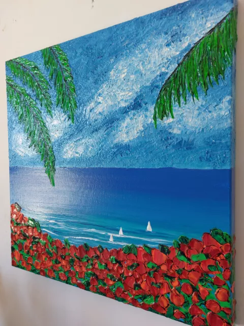 QUADRO MODERNO DIPINTO A MANO PAESAGGIO MARE BARCHE PALME 50x50x4cm RIF290