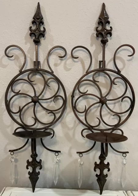 Vtg Wrought Iron Wall Sconce Pillar Candleholder W Crystal Prism Daggers Pair