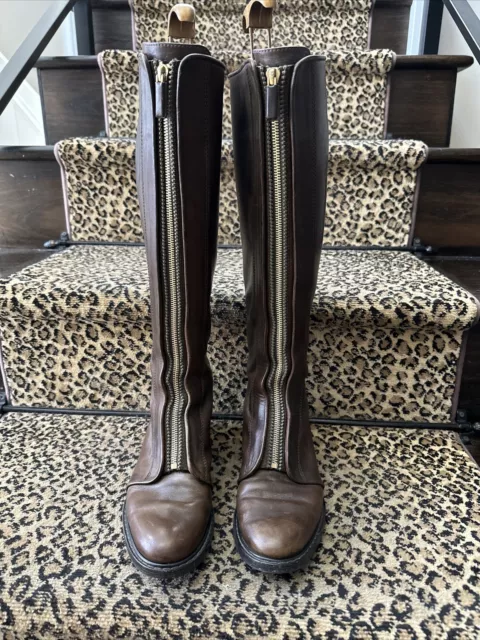 Givenchy 2011 $1495 Brown Leather Knee High Front Zipper Flat Riding Boots 37