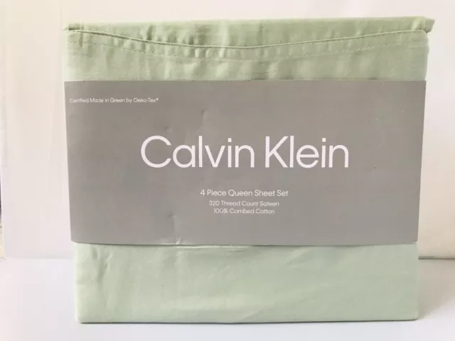 CALVIN KLEIN 4 PC Queen Sheet Set Sage 320 Thread Count Sateen 100%Combed Cotton