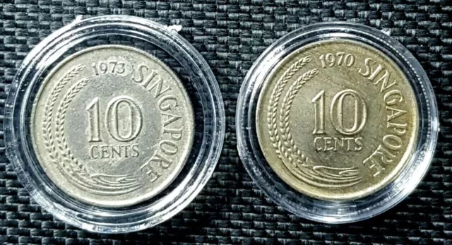 RARE 1970-73 SINGAPORE "SEAHORSE" 10 Cent Coin,Ø20mm,2Pcs(+FREE1 coin) #18486