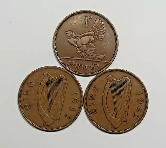 Ireland:  Three Irish  Pennies 1941. 1942. &  1943. Km 11.  Free Shipping