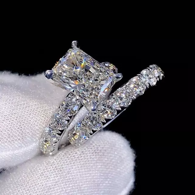 3.24Ctw Radiant Moissanite Bridal Set Engagement Ring In 14K White Gold Plated