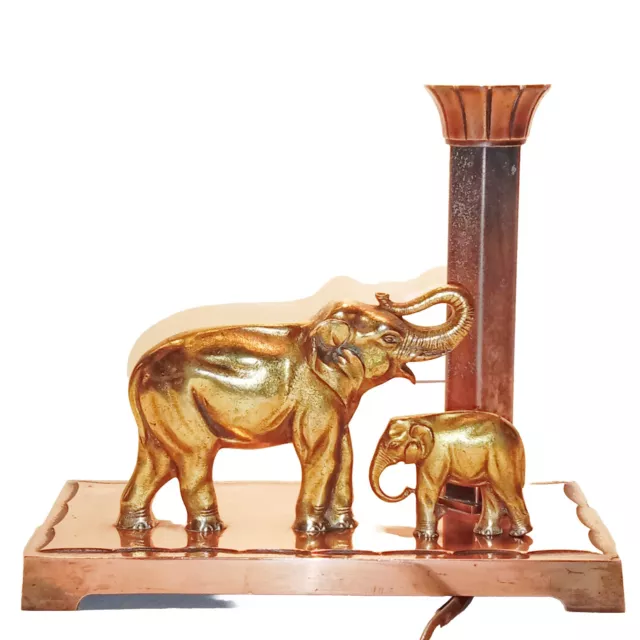 Éléphant et son Éléphanteau Sculpture Bronze Doré Lampe Art Déco Socle Cuivre