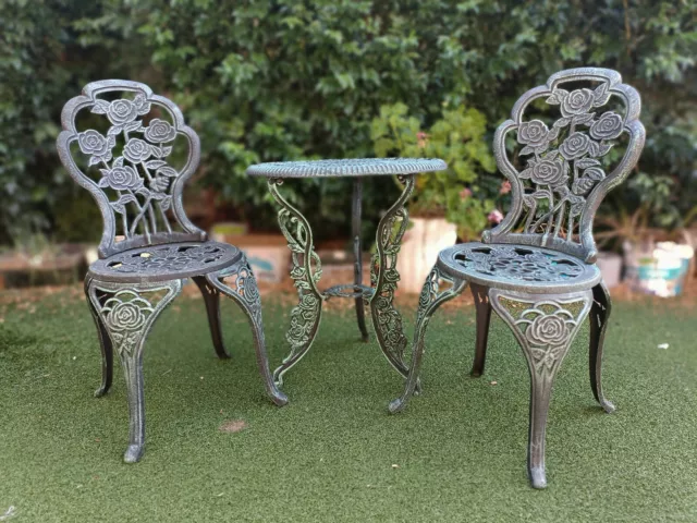 3-Piece Patio Bistro Heavy Cast iron Table and Chairs Outdoor green garden Bar