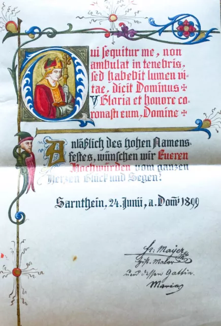 1899 Buchmalerei Miniatur in Gold & Farben Pergament Kalligraphie Widmungsblatt