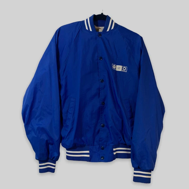 VINTAGE NYLON BOMBER Jacket Snap Buttons Delco Blue Size Small