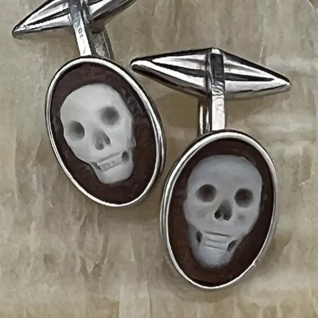 Nueva plata de ley 925 gemelos ovalados tallados a mano ágata calavera calavera piedra preciosa