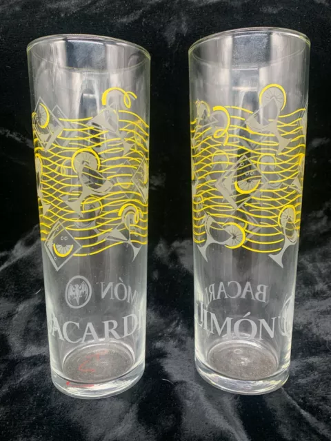 Set of 2 BACARDI LIMON Rum Glass 7" Tall Lemon Design Martini Tom Collins