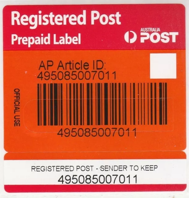 Australia Post Registered Prepaid Labels x20