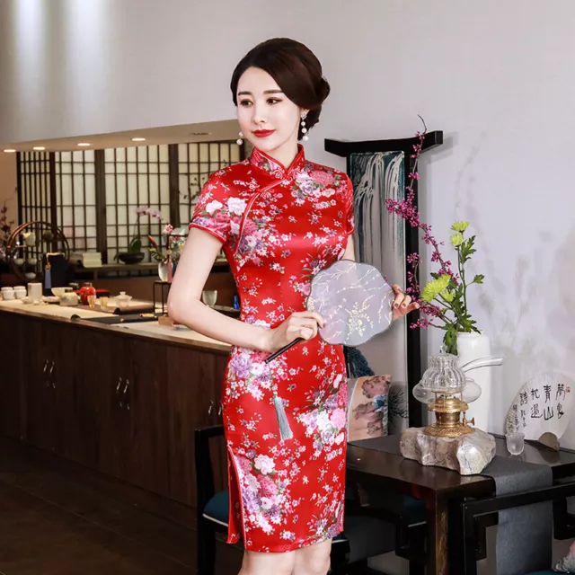 Chinese Summer Ice Silk Qipao Dress Women Short Cheongsam Evening Party Gowns