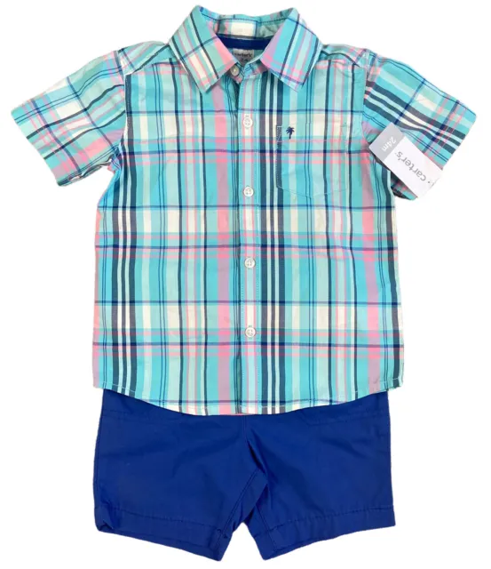 Carters Boys Baby 24 Months 2 Piece Plaid Button Shirt Solid Blue Shorts NWT