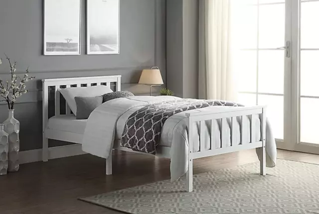 White Solid Wooden Bed Frame Single 4ft6 Double King Size Bed With Mattress Pine 2